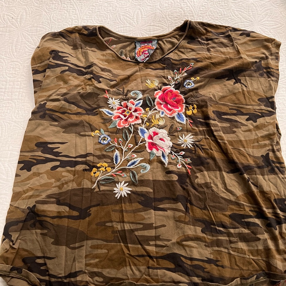 Johnny Was Olive Green Camo Short Sleeve Tee with Pink Floral Embroidery